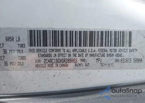 2016 Chrysler Town & Country Touring из США, поврежденный, VIN 2C4RC1BGXGR289063